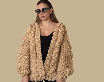 Cardigã de lã merino com tranças grossas, jaqueta de tricô oversized