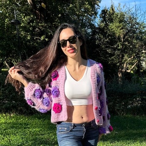 Handmade Crochet Cardigan,Pink Granny Square Cardigan,Alpaca wool Cardigan,Winter Cardigan,Womens Coat,Knitted Cardigan,Rose Cardigan,Gift