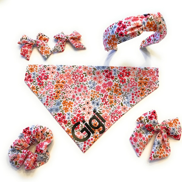 Dog Bandana and Matching Headband Set, Add Scrunchie, Dog Bow, or Baby Bow. Add Pet’s Name. Choose Color. Dog, Mom, and Baby Matching