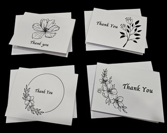 Note Cards, Thank You Notes, Black and White Thank You Notes, Set of Thank You Notes