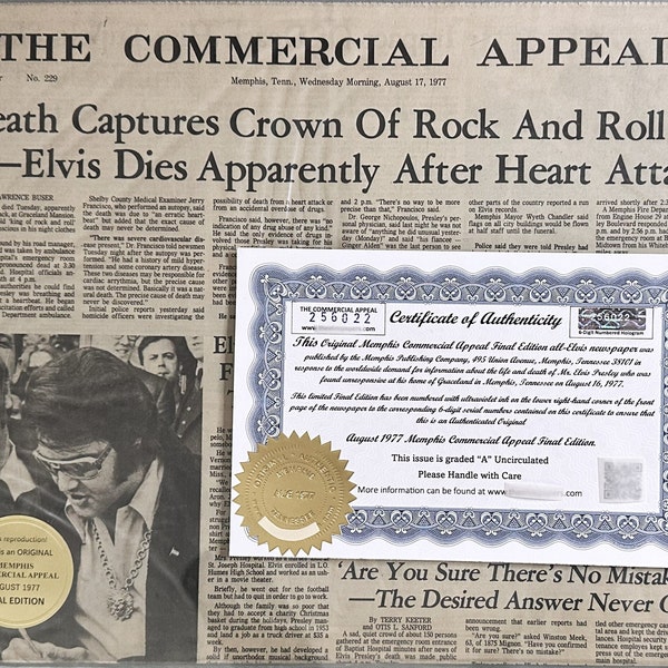 Rare 1977 Elvis Presley Death Memphis Newspaper Final Edition.  Grade "A" Uncirculated.  Comes with Certificate of Authenticity & website!