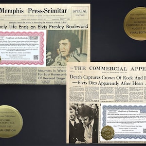 Raro agosto de 1977 Elvis Presley Death Memphis Newspapers All-Elvis Editions. Grau "A" não circulado com certificados de autenticidade!
