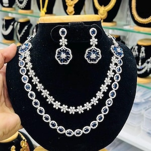 Dual layered blue sapphire AD necklace with earrings/ CZ stone necklace / Indian jewelry/ bridesmaid jewelry