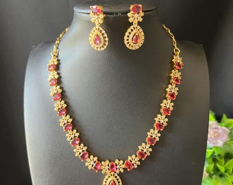 Ruby red AD mehendi finish Necklace with Earrings, South Indian Jewelry