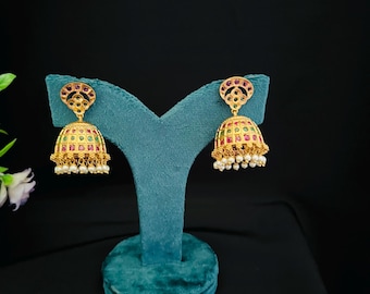 Kemp Stone  Lakshmi Jhumka Earrings: Gold Finish, Indian Wedding Jewelry