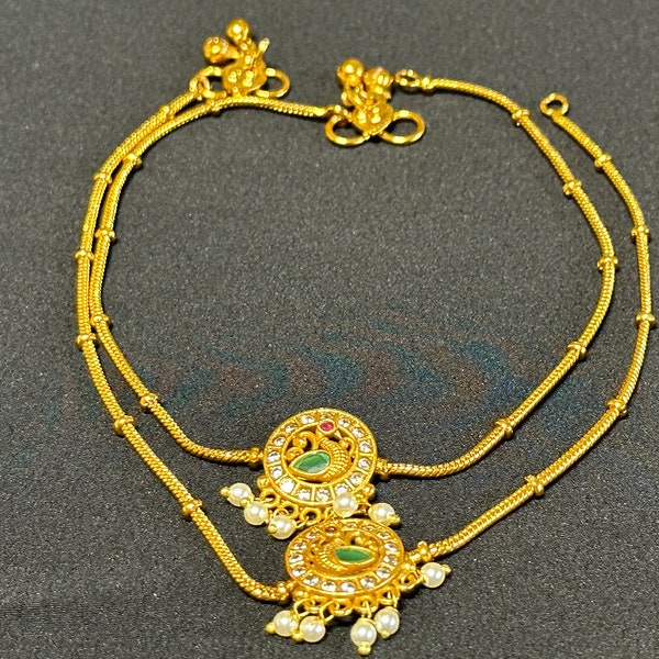 Antique kemp anklets with peacock motif/Payal/ Golusu/ one gram gold/ South Indian jewelry