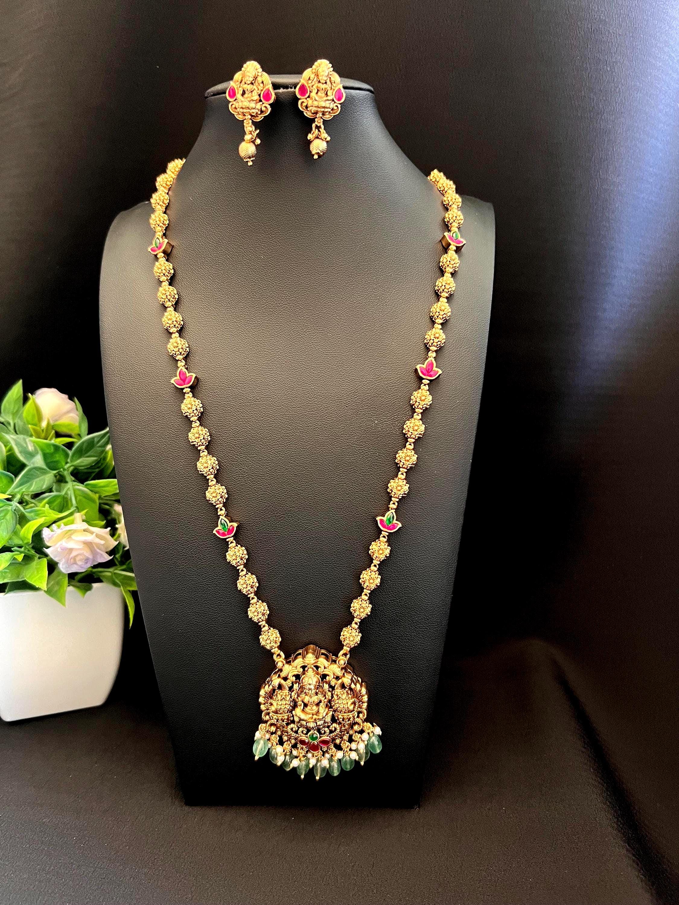 Eye-catching Jadau nakshi patterned long haram with Lakshmi pendant and jhumkas/ South Indian/ Antique/temple /onegram gold/ wedding jewelry