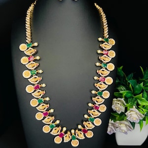 Mesmerizing kemp long haram with peacock and ram parivar motif/ bottu mala/ long haram/ South Indian jewelry/ Antique temple set