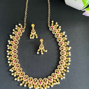 South Indian Bridal antique Necklace Set, Gold Plated Ruby Necklace with Earrings