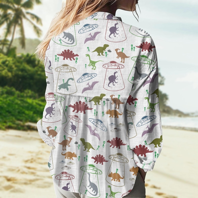 Dinosaur Blouse, Prehistoric Shirt For Women, Tropical Long Sleeve Shirt, Dino Women Blouse Shirt, Dinosaur Merch, Gift For Her