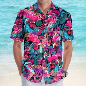 May include: A short-sleeved button-up shirt with a tropical print featuring colorful roosters and flowers on a black background.