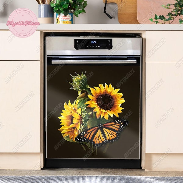 Beautiful Sunflowers Dishwasher Cover, Sunflowers Kitchen Decor, Sunflowers Dishwasher Decal, Butterfly Dishwasher Wrap, Home Decor