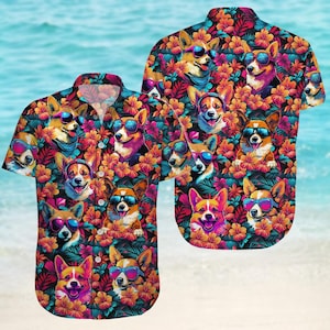 Corgi Button Shirt, Funny Dog Hawaiian Shirt, Cute Animal Shirt, Short Sleeve Shirt, Family Vacation Summer Shirt, Gift For Pet Lovers