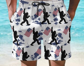 Bigfoot American Flag Short For Men, Funny Sasquatch 4Th Of July Swim Trunks, Patriotic Summer Beach Short, Usa Pride Short Gift