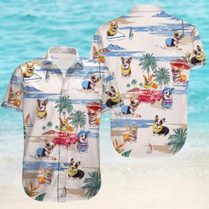 Corgi Button Shirt, Cute Dog Hawaiian Shirt, Corgi Animal Shirt, Family Vacation Summer Shirt, Pet Lovers Aloha Shirt, Gift For Him