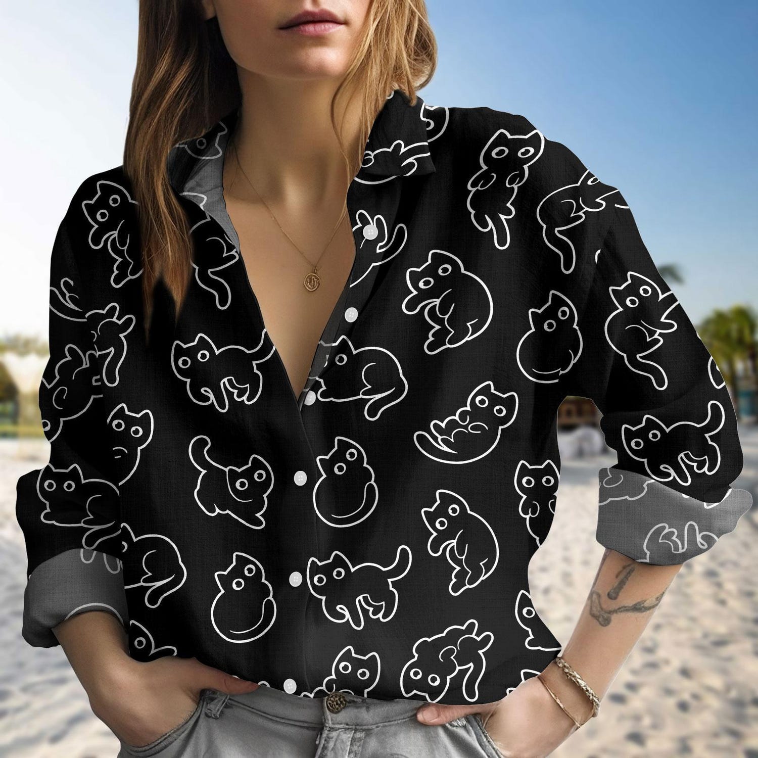 Black Cats Blouse Shirt, Funny Cat Women Blouses, Cute Animal Shirt, Long Sleeve Shirt, Black Cat Long Sleeve Shirt, Gift For Her