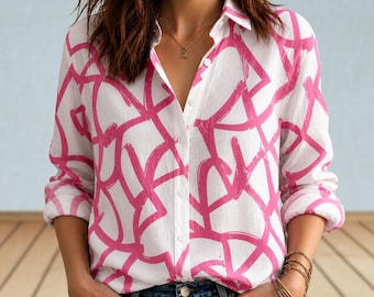 Abstract Women Shirt, Pink Aesthetic Button Shirt, Modern Art Style Blouse, Trendy Statement Outfit, Elegant Casual Shirt, Gift for Her