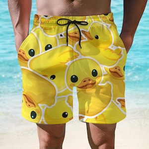 Bañador corto con diseño de pato de goma amarillo, estilo kawaii, ideal para vacaciones de verano, un regalo original para él.