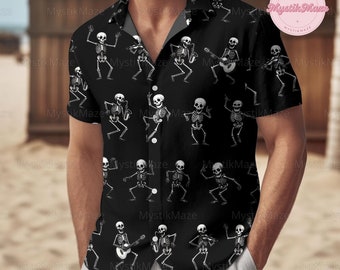 Halloween Skeleton Button Shirt, Skeleton Dancing Hawaiian Shirt, Skeleton Button Up Shirt, Skeleton Shirt, Trick Or Treat Shirt