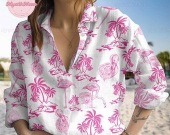 Camisa de lino flamenco, camisa de lino de coco flamenco, camisa con botones de flamenco, camisa de coco flamenco, blusa de lino flamenco, regalo divertido