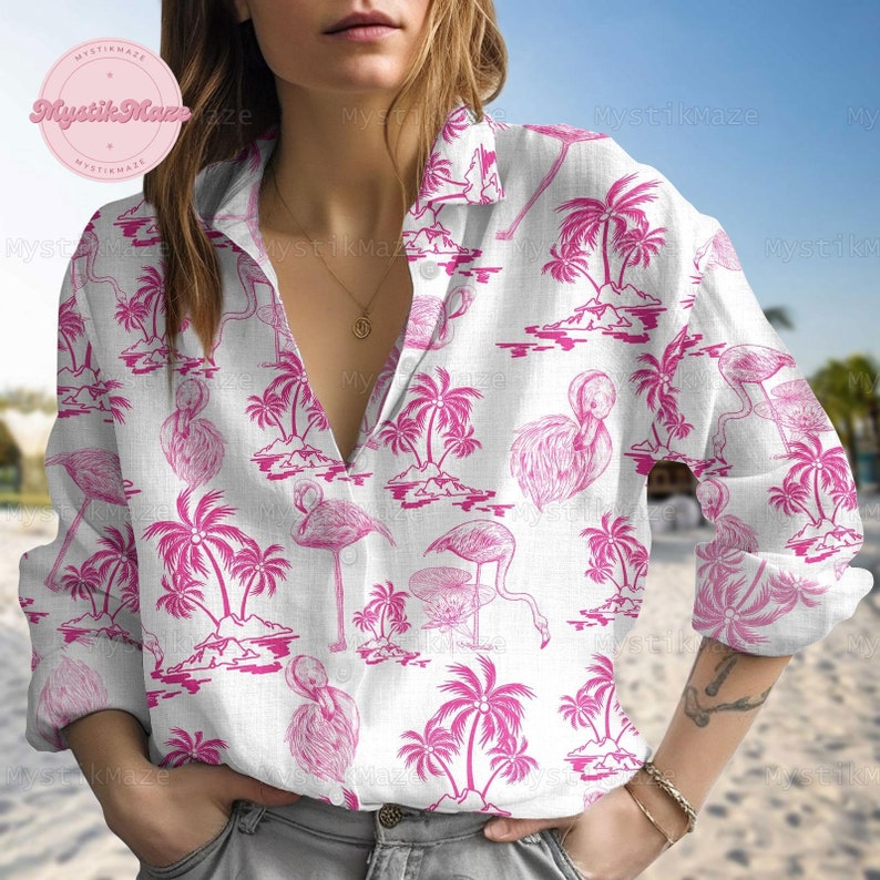 Flamingo Linen Shirt, Flamingo Coconut Linen Shirt, Flamingo Button Up Shirt, Flamingo Coconut Shirt, Flamingo Linen Blouse, Funny Gift