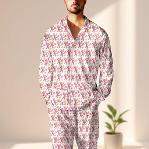 Pink Monkey Satin Pajama Set, Cute Cartoon Animal Sleepwear, Long Sleeve Fun Loungewear, Pink Monkey Women Pjs, Gift For Her