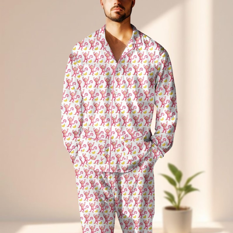 Pink Monkey Satin Pajama Set, Cute Cartoon Animal Sleepwear, Long Sleeve Fun Loungewear, Pink Monkey Women Pjs, Gift For Her