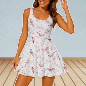 Floral Bird Skater Dress, Cottagecore Women Dress, Retro Nature Aesthetic Casual Dress, Botanical Dress, 2025 Outfit Gifts For Women