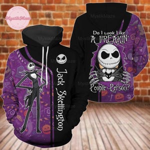 May include: Black hoodie featuring Jack Skellington from The Nightmare Before Christmas. The design includes a purple and black color scheme with the text "Do I Look Like A Freakin' People Person?" and "Jack Skellington".