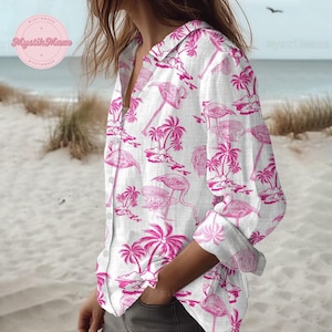 Flamingo Linen Shirt, Flamingo Coconut Linen Shirt, Flamingo Button Up Shirt, Flamingo Coconut Shirt, Flamingo Linen Blouse, Funny Gift