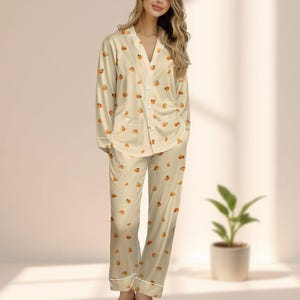Orange Satin Pajama Set, Cute Fruit Women Sleepwear, Cream Long Pants Pjs, Kawaii Loungewear, Soft Cozy Summer Set, Funny Gift