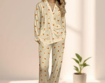 Pijama de satén naranja, ropa de dormir con frutas para mujer, pijama de pantalón largo color crema, ropa de estar kawaii, conjunto de verano suave y acogedor, regalo divertido