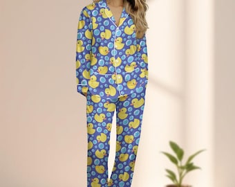 Zestaw piżamowy z satyny Rubber Duck, urocze niebieskie bąbelki, zabawna odzież wypoczynkowa z długim rękawem, piżamy damskie Kawaii Duck, prezent dla niej