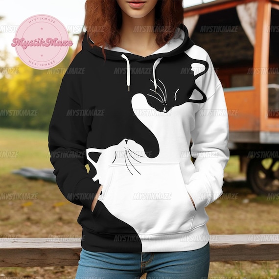 Cat Hoodie, Black White Cat Hoodie, Funny Cat Adult Hoodie, Cat 3D Hoodie,  Cute Cat Shirt, Black Cat Trendy Hoodie, Cat Lovers Gift - Etsy