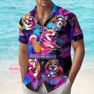 Corgi Button Shirt, Tropical Corgi Hawaiian Shirt, Cute Dog Shirt, Animal Summer Shirt, Pet Lovers Shirt, Family Vacation Merch