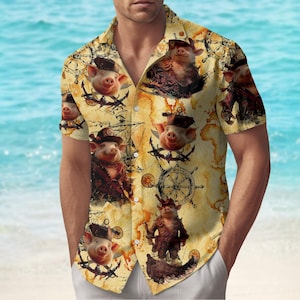Abenteuerlustiges Schwein Pirat Hawaiihemd, Schwein Button Up Shirt, Sommer Shirt für Männer, Strand Geschenk für Schweine Liebhaber, Schwein Pirat Merch, Sommer S