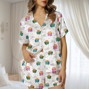 Pijama corto de satén con diseño de basurero, con memes de dibujos animados, pijama para mujer, pijama ligero de satén, regalo divertido.