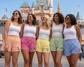 Mickey And Friends Embroidered Gingham Shorts, Disney Characters Embroidery Shorts, Family Friends Shorts, Family Trip, Gift For Her