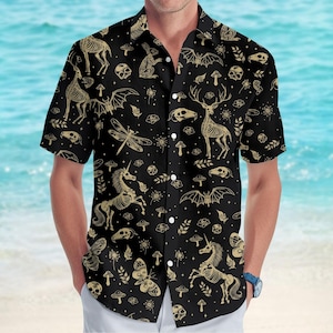 Gothic Skeleton Animals Button Shirt, Mythical Unicorn Bat Deer Shirt, Dark Fantasy Hawaiian Shirt, Family Vacation Shirt, Gift For Him
