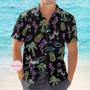 Flamingo Neon Button Shirt, Flamingo Hawaiian Shirt, Tropical Summer Shirt, Cute Animal Shirt, Family Vacation Shirt, Gift For Him