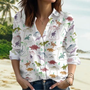 Dinosaur Blouse, Prehistoric Shirt For Women, Tropical Long Sleeve Shirt, Dino Women Blouse Shirt, Dinosaur Merch, Gift For Her