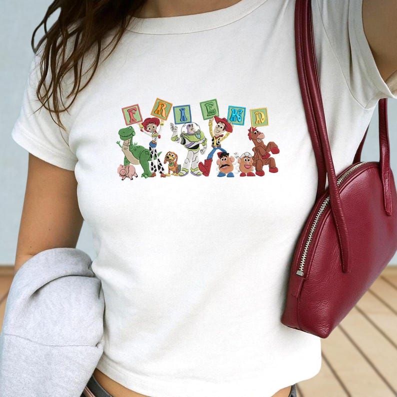Retro Toy Story 5 Embroidered Baby Tee, Woody Buzz Jessie Rex Tee, Vintage Toy Story Friends Top, 2026 Disney Pixar Fest Family Trip