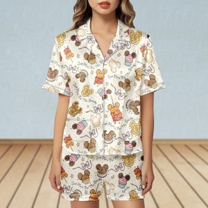 Mickey Mouse Coquette Bow Satin Pajamas Set, Disney Snacks Quote Women Pjs, Disney Food Lover Gift, Disneyland Shirt,Family Trip Outfit