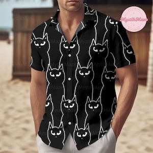 黒猫ボタンシャツ、黒猫ハワイアンシャツ、黒猫サマーシャツ、かわいい猫シャツ、男性用シャツ、猫好きの方へのギフト
