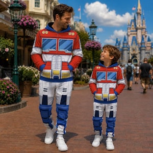 May include: Matching hooded sweatshirts and sweatpants featuring a red, white, and blue graphic print inspired by a robot truck design. The garments have long sleeves, hoods, and elasticated cuffs, paired with white trainers for a coordinated look.