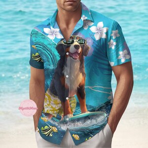 Bernese Mountain Surfing Button Shirt, Cute Dog Hawaiian Shirt, Summer Shirt, Animal Shirt, Family Vacation Shirt, Pet Lovers Gift