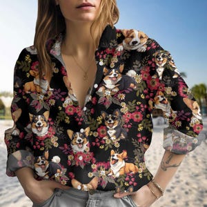 Corgi Button Blouse Shirt, Funny Dog Women Blouses, Cute Animal Shirt, Long Sleeve Shirt, Tropical Vacation Shirt, Birthday Gift For Her