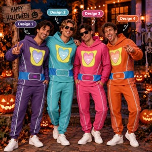 May include: Four matching hooded sweatshirts and sweatpants sets in purple, teal, pink, and orange. Each features a central heart-shaped graphic, a belt-like waist detail, and a honeycomb pattern on the sides. The sets are labelled Design 1 through 4.