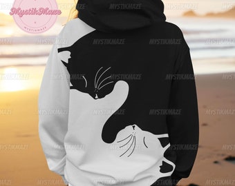 Cat Hoodie, Black White Cat Hoodie, Funny Cat Adult Hoodie