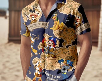 Peut inclure: Chemise boutonnée bleu marine avec un motif de carte et des personnages Disney pirates. La chemise comprend le texte "YO HO YO HO A PIRATES LIFE FOR ME" et "PIRATES OF THE CARIBBEAN".